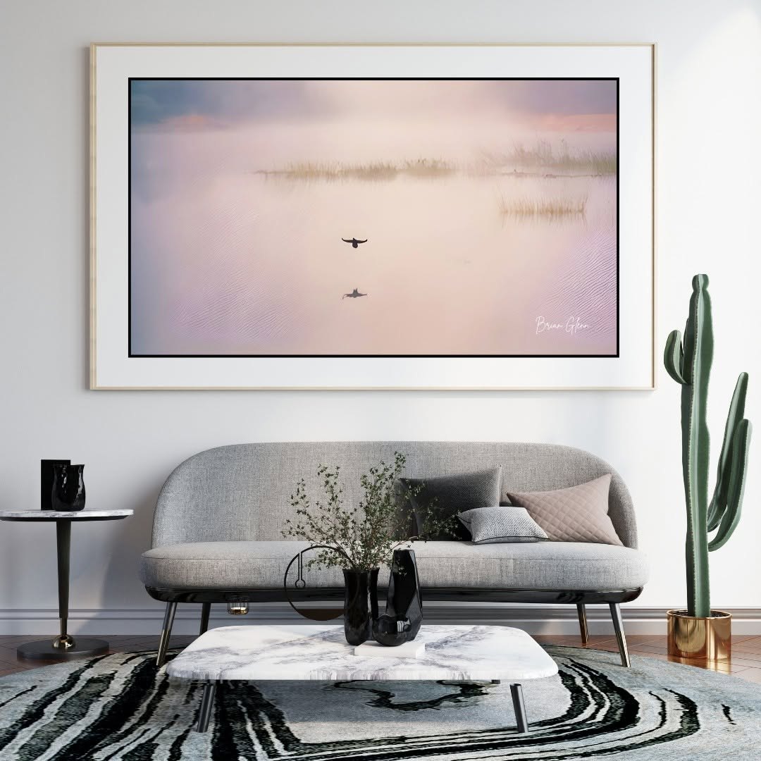 Morning Mist framed above a grey sofa in a modern living room