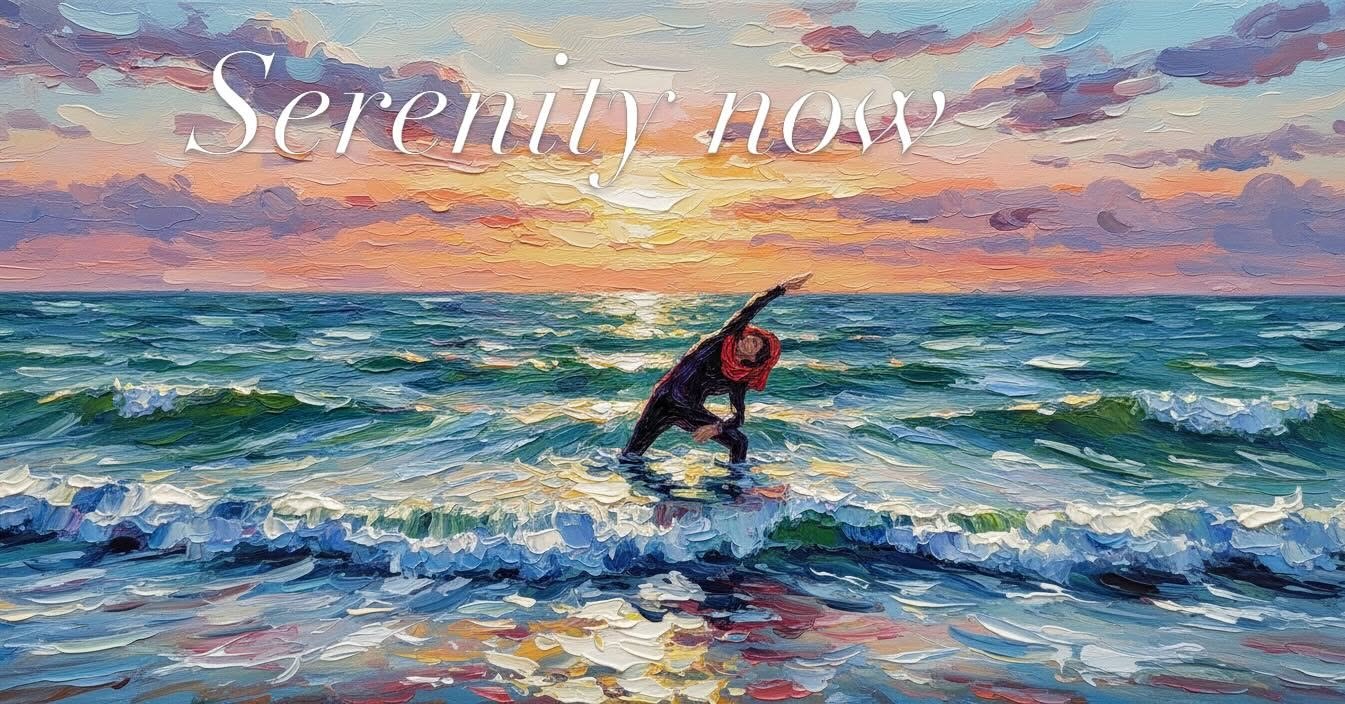 Serenity Now — a figure stretching in ocean waves at sunset