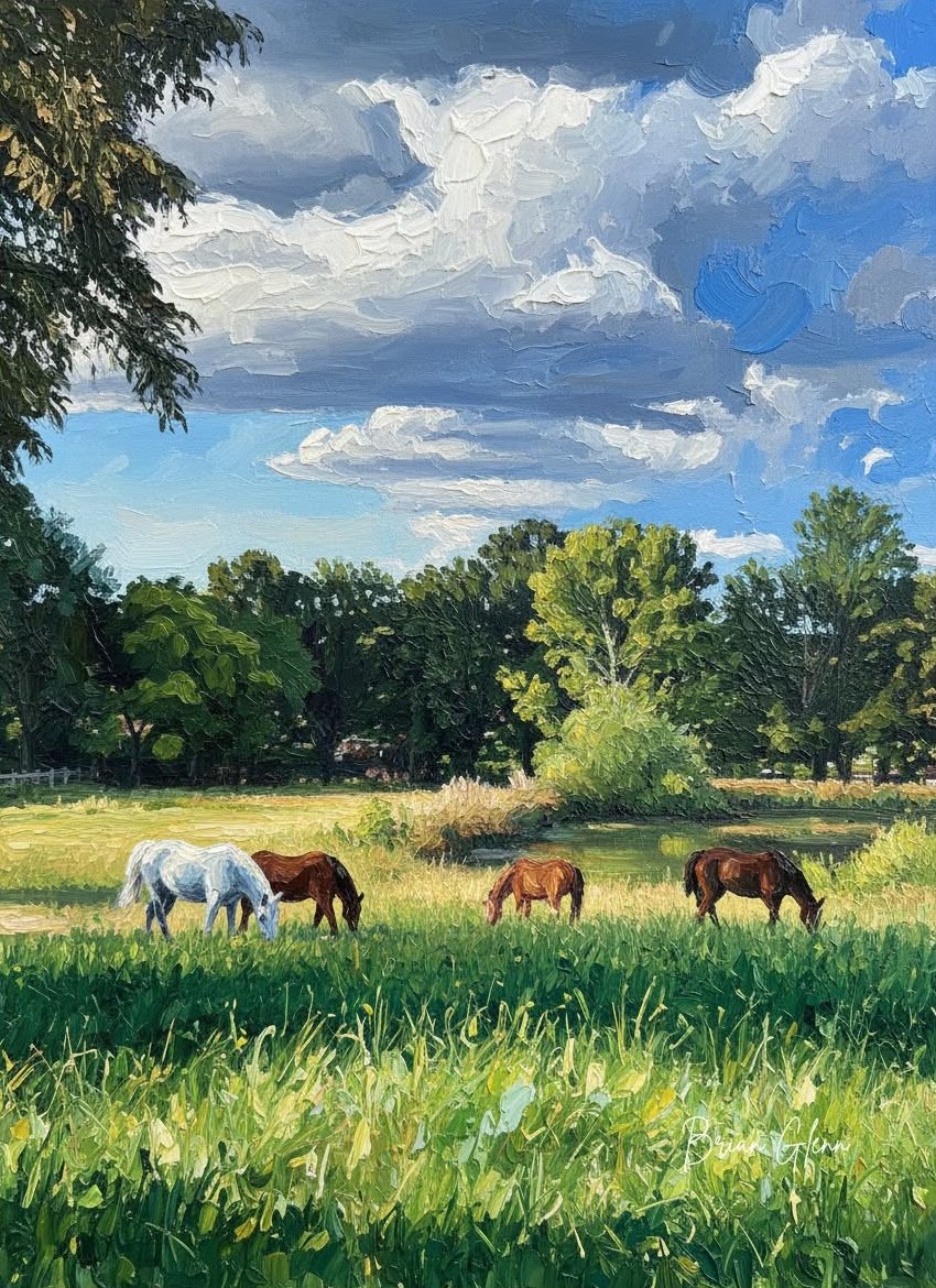 Summer Pasture — horses grazing beneath towering clouds