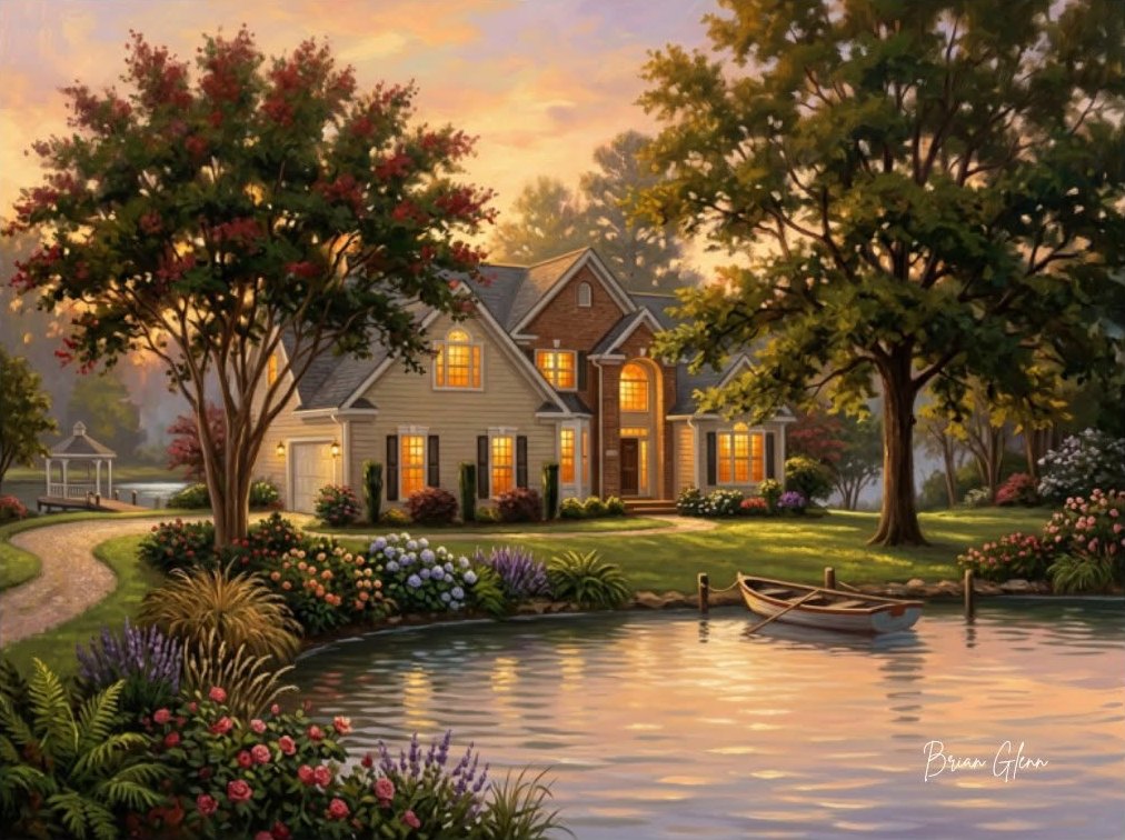 Twilight Cottage — a glowing lakeside home at golden hour