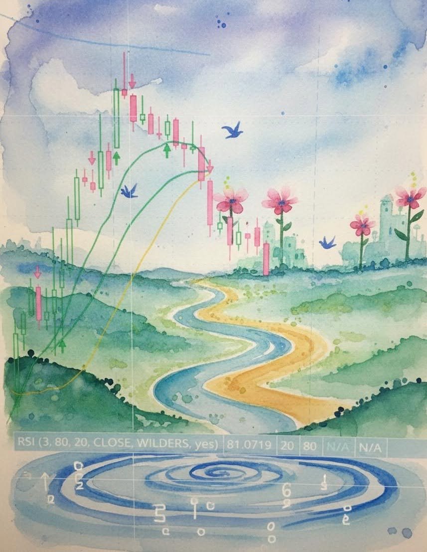 Market Meadow — watercolor landscape with a river and candlestick chart overlay