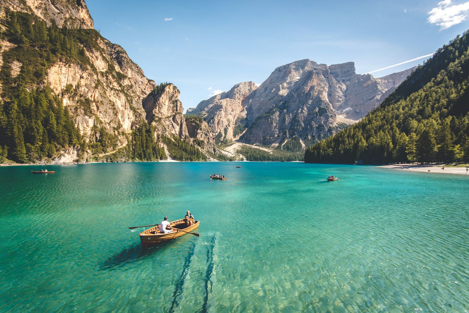 Rowboat on a turquoise alpine lake
